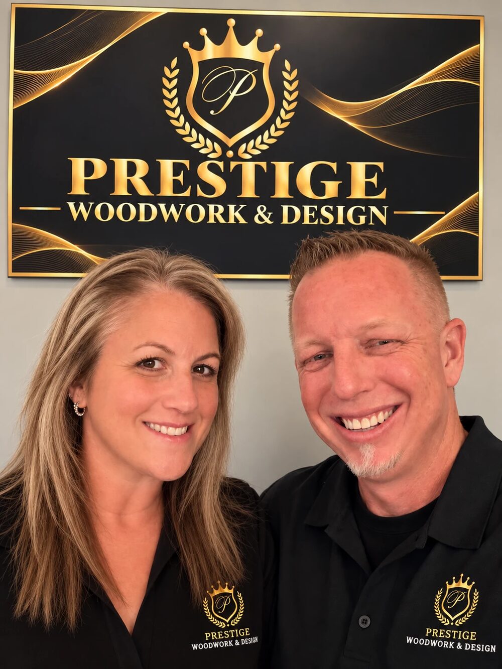 Shawn and Juliane, owners of Prestige Woodwork & Design, in front of the Prestige sign