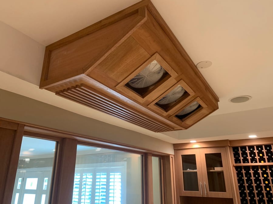 Wine cellar ceiling detail in slatted timber with display niches