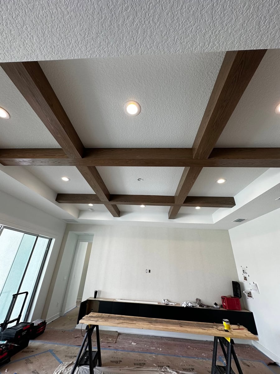 Coffered ceiling with stained timber beams